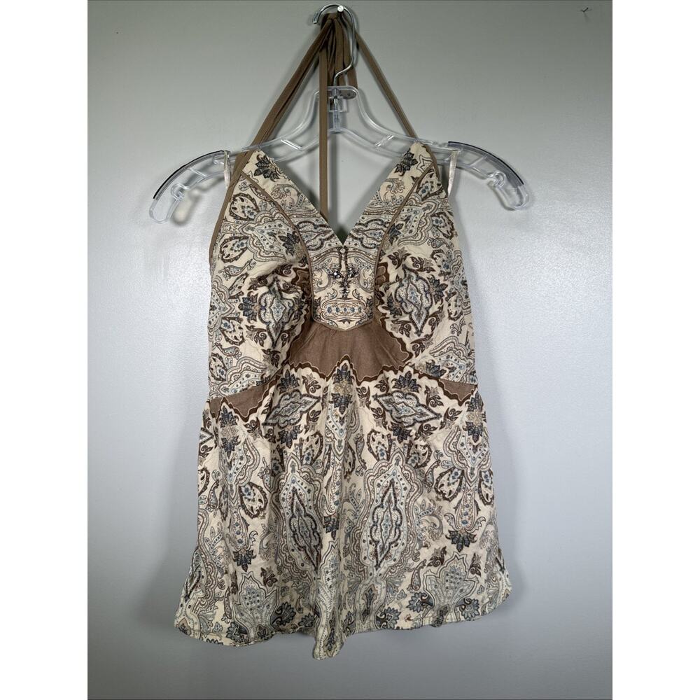 Y2K Lane Bryan Floral Halter Top SZ 18 Paisley Embellished Gems‎ Tan Teal Linen